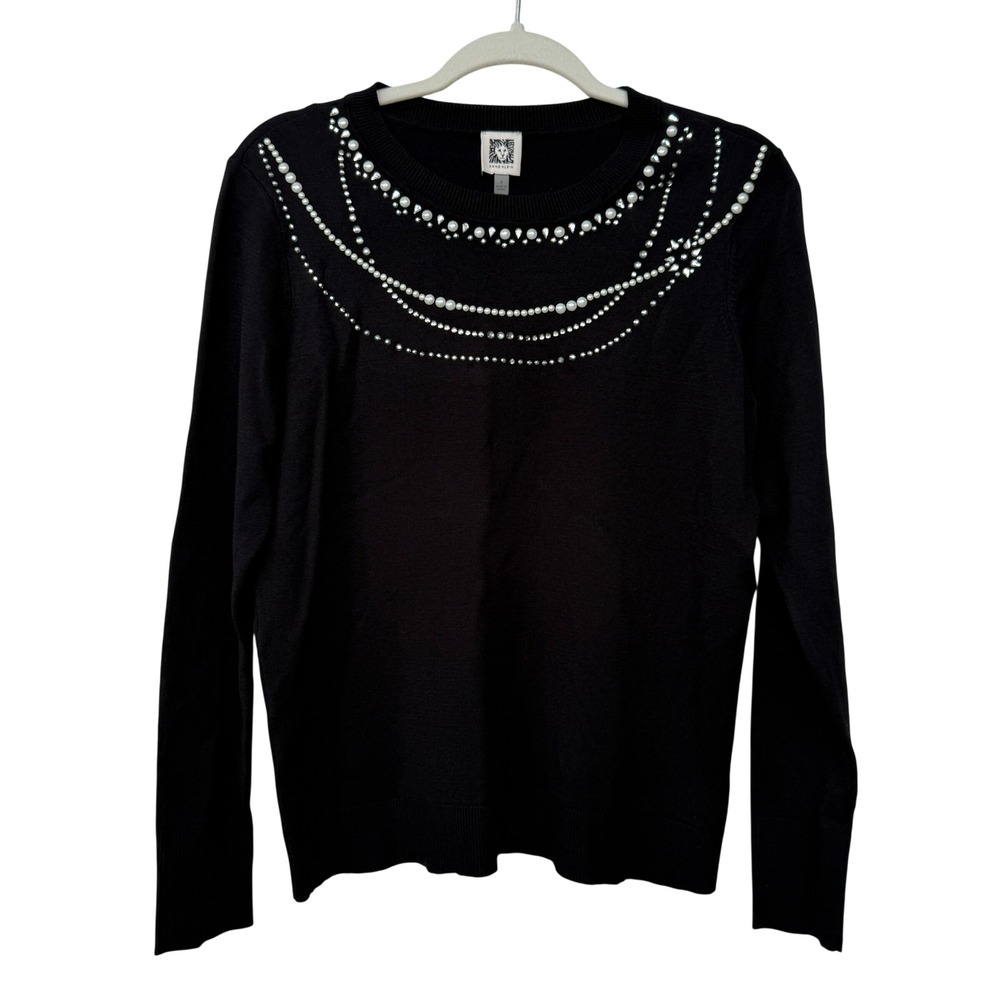 Anne Klein Women's Black Pearl Rhinestone Embellished Sweater Small‎